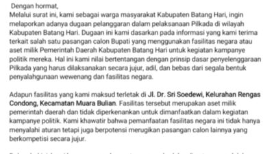 Calon Bupati Batang Hari Nomor Urut 02, Muhammad Fadhil Arief, Dilaporkan ke Bawaslu