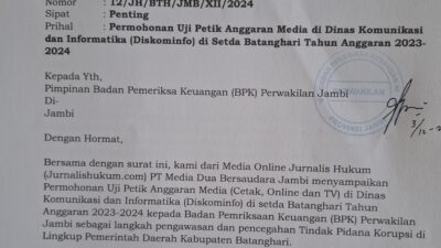 Soal Pergeseran Anggaran di Diskominfo Batang Hari TA 2023-2024: JH Surati BPK RI Perwakilan Jambi